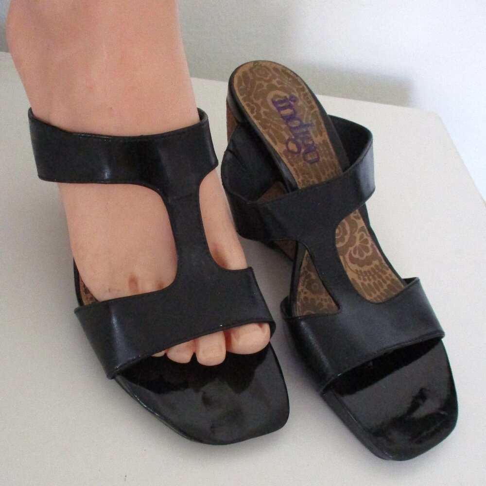 Clarks Indigo Womens Black Patent Leather Slide 3.5" Cork Wedge NWOB - Size 6.5M